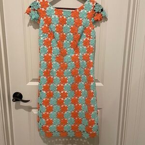 Lilly Pulitzer Pearl Sunrise Orange Teal Two Tone Truly Petal Size 4
